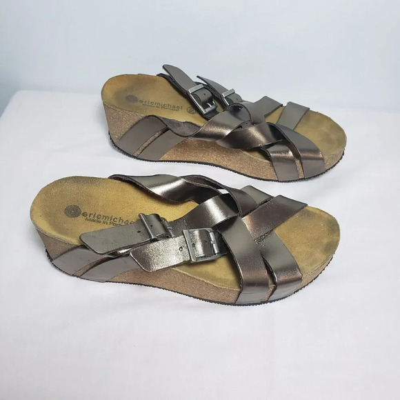 Eric Michael Metallic Brown Leather Platform Wedge Sandals 7.5 Comfort Boho - Picture 3 of 11